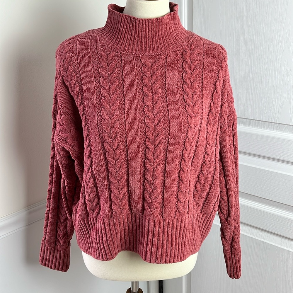 Pink Rose Chenille Cable Knit Turtleneck Sweater - Dusty Rose Size L